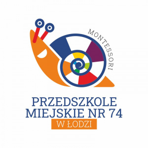Logo Przedszkola Miejskiego nr 74 w Łodzi, pomarańczowy ślimak z kolorową muszlą z nazwą przedzszkola pod spodem i napisem montessori nad muszlą